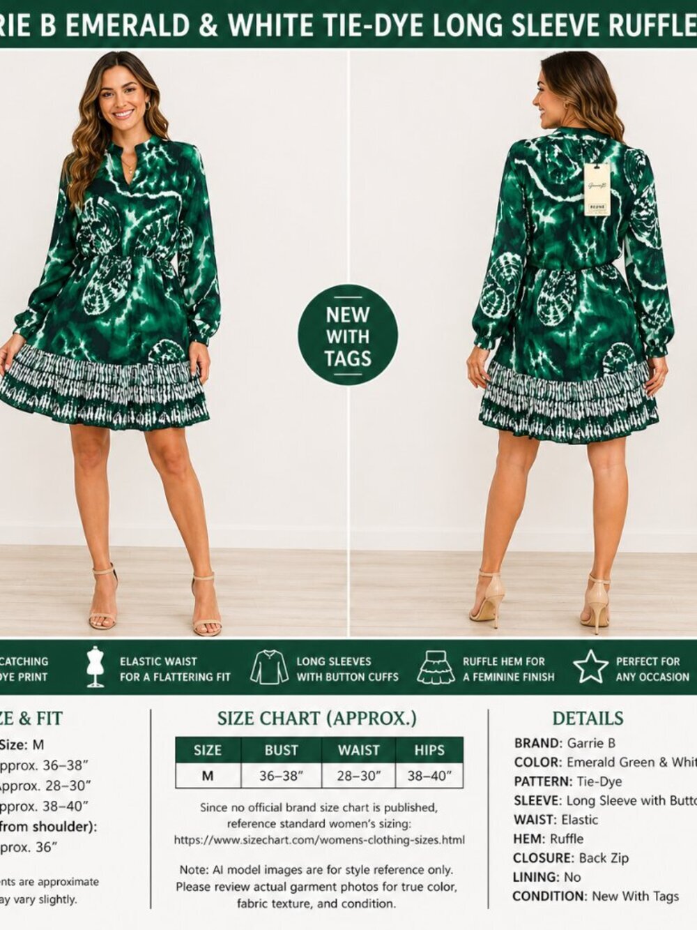 Garrie B Green Tie-Dye Ruffle Dress M NWT
